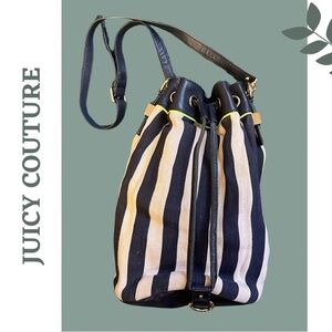 Juicy Couture Bucket Bag Canvas Stripe Nautical Navy White Green Adj Strap